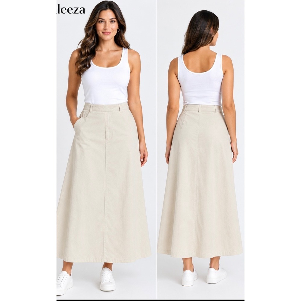 Aleeza Paris Womens Beige Tan A-Line Maxi Skirt with Pockets Ankle Length